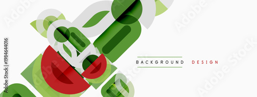 Abstract geometric shapes overlap. Green, red hues dominate design. Modern style, clean lines create dynamic visual effect.