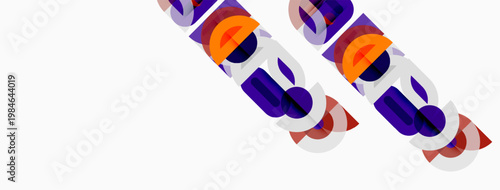 Abstract design features repeating orange, purple shapes. Minimalist composition with white background. Geometric patterns create visual interest.
