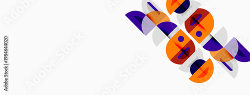 Abstract geometric shapes, circles, arcs, orange, purple hues. Minimalist design, clean lines, modern aesthetic, white background.