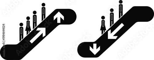 Vector illustration of black and white escalator icons with minimalist stick figures and directional arrows representing upward and downward movement for public transportation signage
