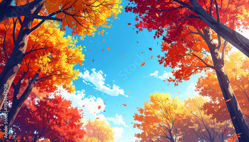Scarlet autumn canopy framing spacious blue sky with drifting leaves. Vibrant fall treetops surrounding clear heaven above sunny woodland. Seasonal foliage border for travel poster calendar design