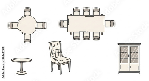 Collection of Dining Room Furniture Pieces Top View.