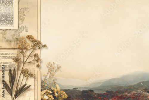 Blank collage-style paper with copy space, decorated with mountain landscape images, newspaper textures, and dried flowers, creative layout, scrapbook aesthetic, high resolution, copy space