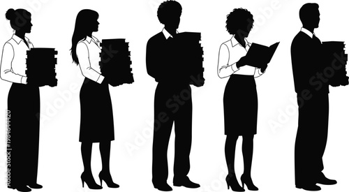 Vector silhouettes of professional diverse men and women carrying heavy stacks of books and reading for education literature library and academic research concept