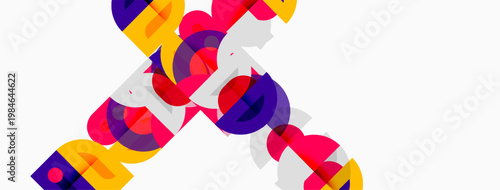 Abstract design features overlapping colorful shapes forming text. Bright hues create dynamic visual impact. Minimalist style, modern aesthetic.