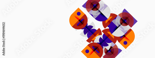 Abstract geometric design. Overlapping purple, orange shapes create dynamic composition. Minimalist style, clean lines, modern aesthetic.
