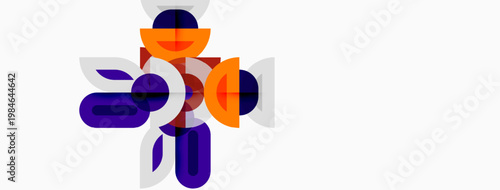 Abstract geometric shapes overlap, creating dynamic composition. Purple, orange, white hues dominate design. Modern, minimalist aesthetic.