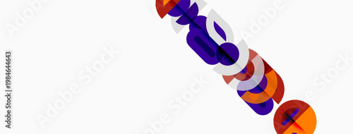 Abstract design features overlapping purple, orange circles. Minimalist composition with white background. Modern aesthetic, geometric shapes present.