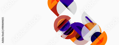 Abstract geometric shapes overlap, creating dynamic composition. Orange, purple, white hues dominate minimalist design. Modern aesthetic.