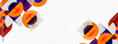 Abstract geometric shapes overlap, creating vibrant composition. Orange, purple, red dominate white background. Modern design elements present.