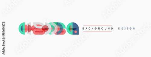 Abstract geometric shapes, vibrant colors, modern design elements. Background features layered circles, lines, text. Minimalist aesthetic.