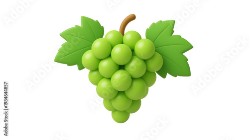 3D cartoon , A fresh bunch of ripe green grapes with a lush vine leaf hangs from a grapevine branch, representing a healthy autumn harvest of sweet and juicy fruit for wine