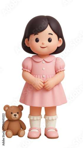 3D cartoon, A smiling little girl  kid finds pure joy and childhood happiness while playing with a small teddy bear toy