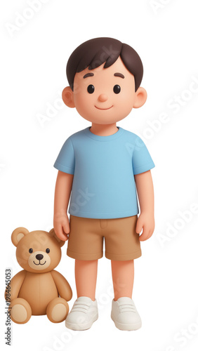3D cartoon , An adorable little boy with a cute teddy bear shares a joyful smile, capturing the cheerful happiness of childhood play and family fun