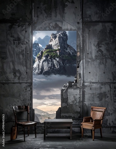 Rustic chairs face mountains through a doorway in a distressed concrete room