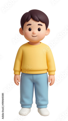 3D cartoon an adorable little boy with a happy smile is standing alone