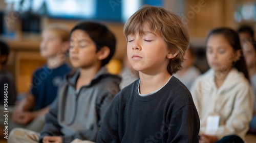 Elementary students following guided imagery meditation led by counselor in sensory-friendly room with dimmed lights and calming wall colors, perfect for anxiety reduction therapeutic techniques