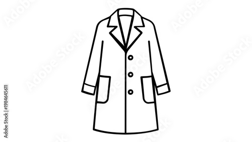 Minimalist black line art vector icon illustration of a classic long winter overcoat or trench coat with buttons and pockets, perfect for fashion, apparel, and everyday clothing design.