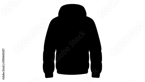 Minimalist black silhouette of a puffer jacket or hooded winter coat, flat vector icon for apparel design, fashion retail, and outerwear illustration, scalable AI-generated graphic element.