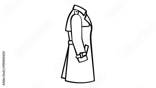 Minimalist vector illustration of a classic trench coat side view icon. Scalable black and white line art of a stylish long overcoat with belt and collar details for fashion and apparel design.