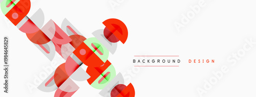 Abstract geometric shapes overlap, creating dynamic visual texture. Light pink, gray tones dominate white space. Minimalist design elements present.