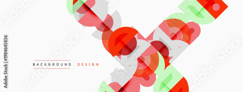 Abstract geometric shapes overlap, creating vibrant design. Red, green, pink hues dominate white background. Modern aesthetic.