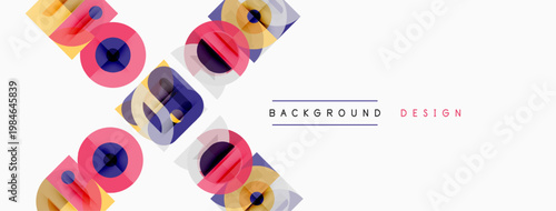 Abstract geometric shapes overlap white space. Colorful design elements create dynamic visual texture. Minimalist aesthetic, modern presentation.