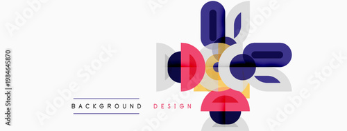 Abstract geometric shapes overlap, creating modern design. Colors include purple, red, blue, gray. Minimalist style, clean background.