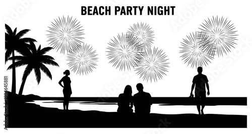 People silhouetted watching fireworks explode over ocean during beach party night