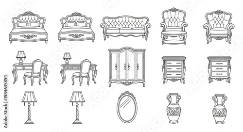 Collection of elegant antique furniture sketches for interior design.