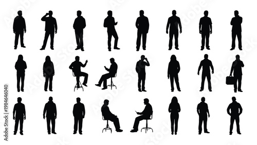 A collection of diverse black silhouettes depicting people in various everyday poses and activities high quality