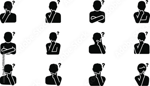 Silhouette icons of people thinking and questioning for decision making and problem solving
