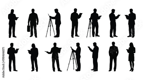 A collection of black silhouettes depicting business people with various poses and holding devices high quality