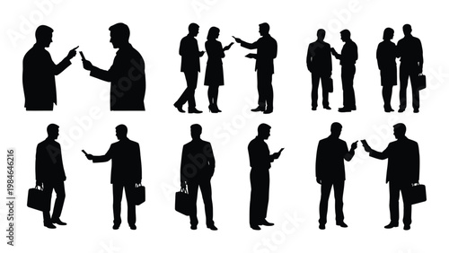 A collection of black silhouettes depicting business people interacting and using mobile phones high quality professional