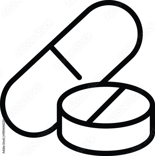 outline icon featuring a medicinal capsule and a round pill with a score line on white background representing medical