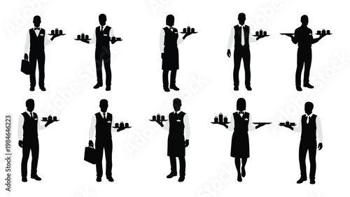 A series of black silhouettes depicting waiters and waitresses holding serving trays high quality professional detailed