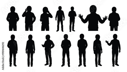 A collection of black silhouettes depicting diverse children in various everyday poses and activities high quality