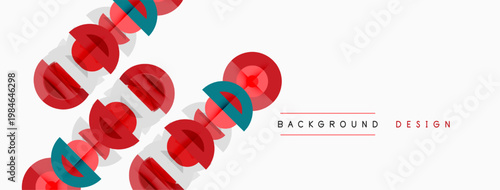 Abstract geometric pattern. Red, blue, pink shapes repeat diagonally across white space. Minimalist design element for backgrounds.