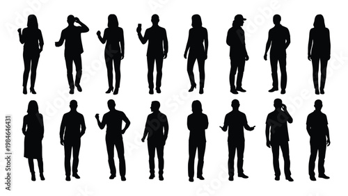 A collection of diverse silhouettes depicting people in various casual poses and outfits high quality professional