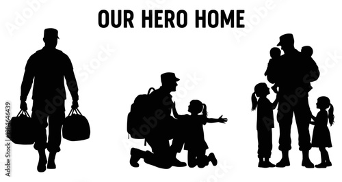 Silhouette of soldier returning home to embrace family during joyful reunion
