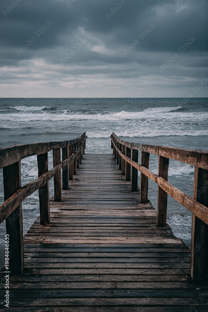Obraz premium Wooden pier with crashing waves