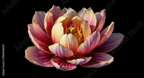 A vibrant flower with pink and yellow petals, surrounded by lush green leaves, set against a dark blue sky.