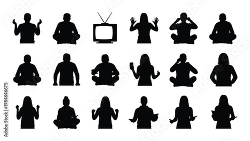 A collection of black silhouettes depicting people in various meditative and relaxed poses alongside a vintage tv