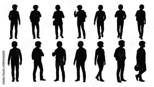 A collection of twelve black silhouettes depicting people mostly children in various poses and outfits