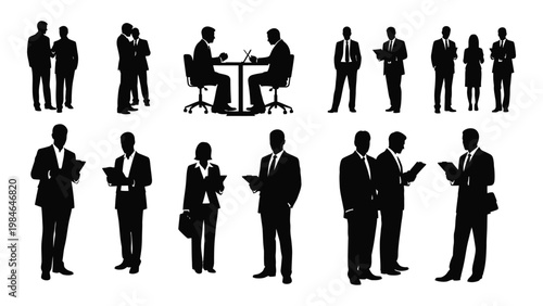 A collection of black silhouette figures depicting diverse business people in various professional settings high quality