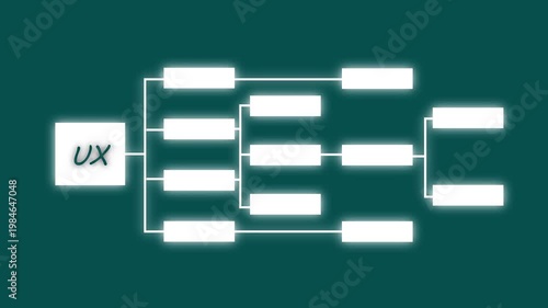 White UX Tournament Bracket Diagram with Glowing Effect on Dark Teal Background flowchart structure