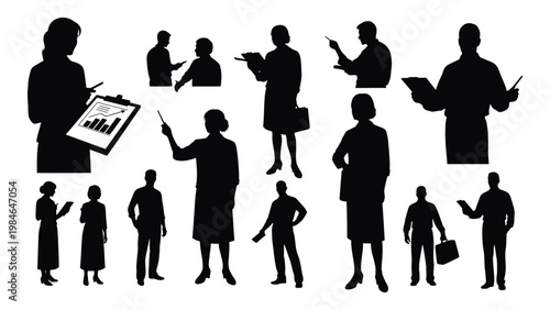A collection of black silhouette figures depicting diverse business people in various professional poses high quality