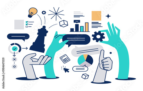 Abstract illustration of hands and business concepts with business strategy planning communication teamwork collaboration analysis lightbulb illustration abstract brainstorming creativity