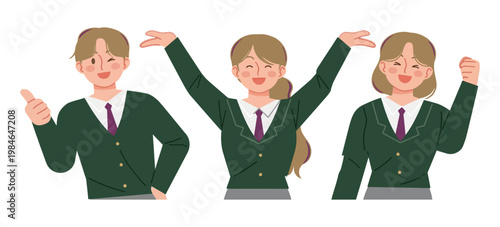 Three smiling students in school uniforms gesturing positively with students teenagers learning education classroom positive gesturing achievement illustration children academic knowledge