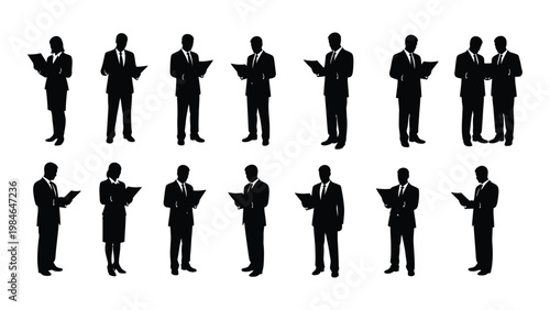 A collection of black silhouette figures depicting business people reading documents or speaking high quality professional